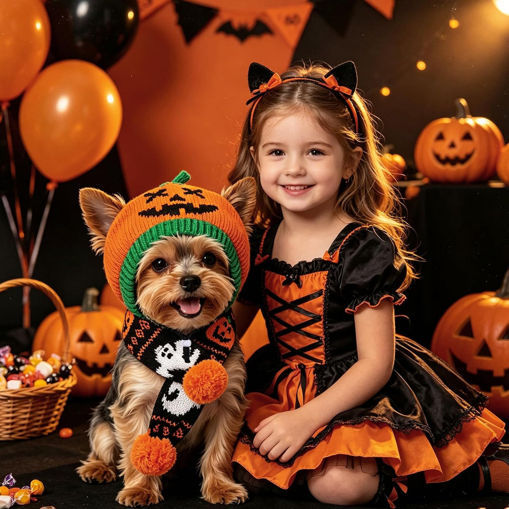 Halloween Dog Costumes Hat Scarf Set Knit, 2 Pcs Pet Halloween Pumpkin Costume Outfit Funny Holiday Cosplay