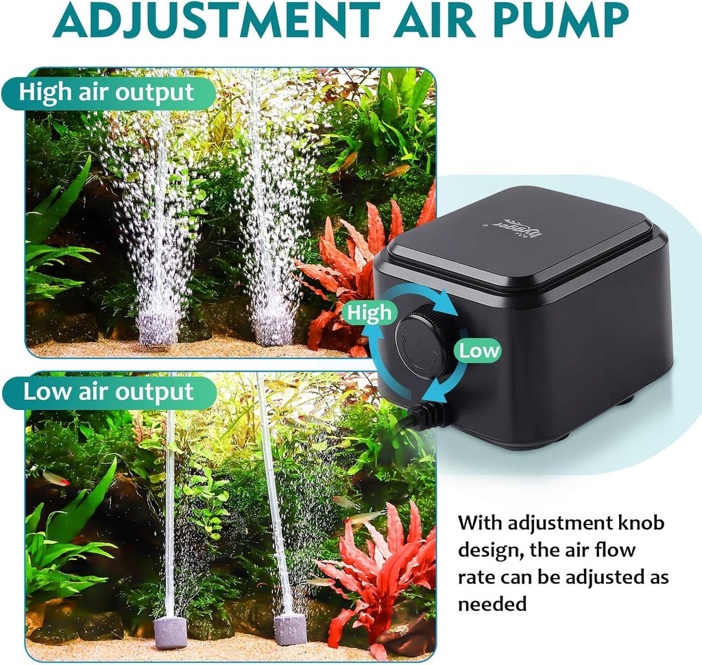 Quiet <30dB Aquarium Air Pump, Adjustable Low Decibel Oxygen Fish Tank Pump 2 Air Outlets Ultra Silent Powerful