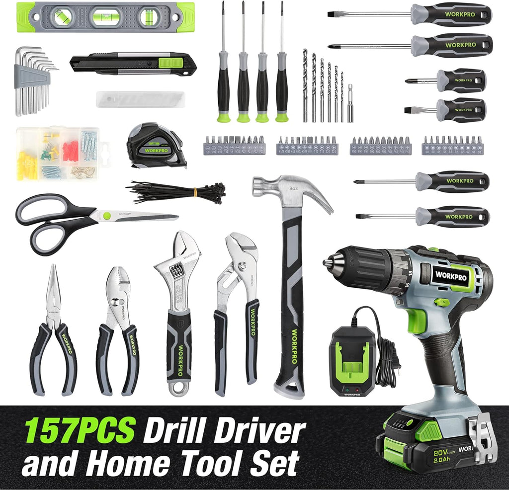 Home Tool Set with 20V Cordless Lithium-Ion Drill Driver, Household Repairing Tool Kit with Drill, 157PCS Power Drill