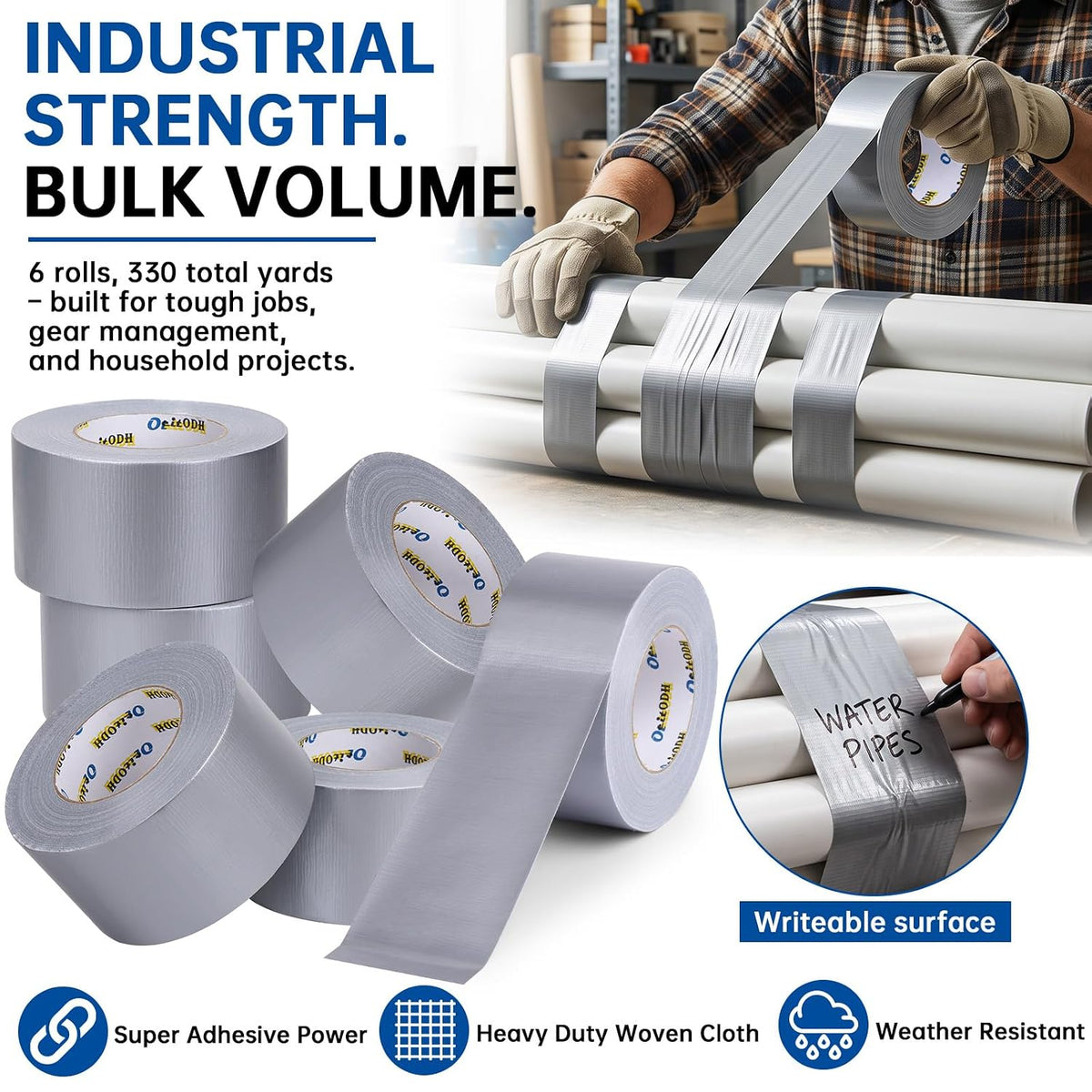 Silver Gray Duct Tape Bulk, 3 Inches x 55 Yards, 6 Pack