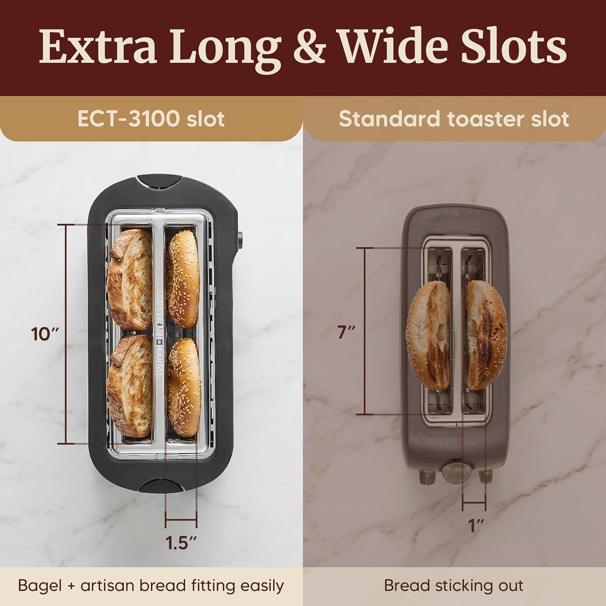 ECT-3100 4-Slice Long Slot Toaster, Stainless Steel | Extra-Wide Slots Fit Bagels, Sourdough & Texas Toast, 6
