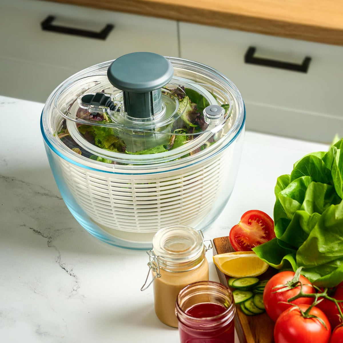 Glass Salad Spinner with Airtight Lid - BPA-Free - Easy Pump Lettuce Spinner Washer | Fruit Washing Bowl with
