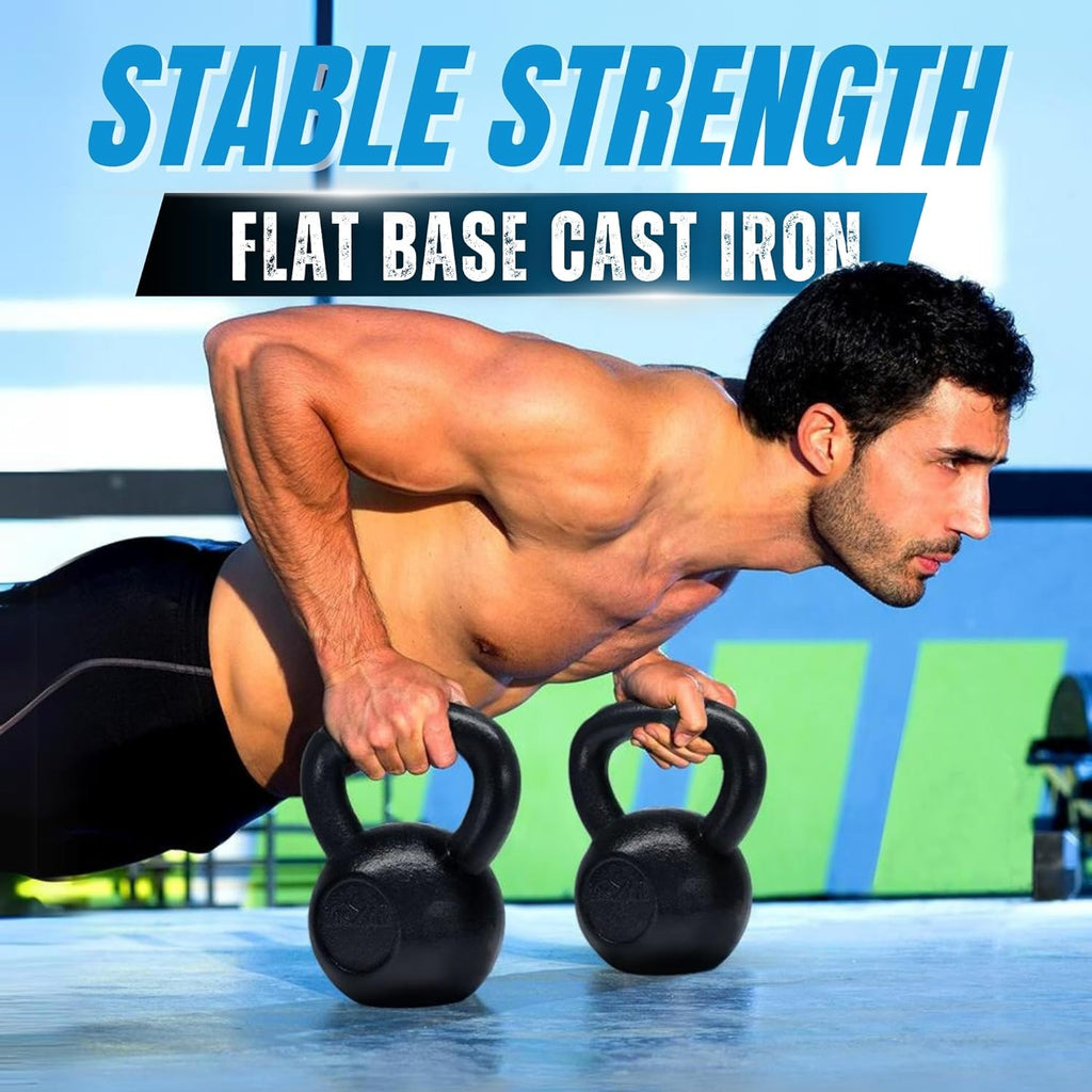 Kettlebell Sets, 5 - 10 - 15 - 20 - 25 - 30 LB Cast Iron Strength Training Kettlebells, Wide Handles & Flat Bottom