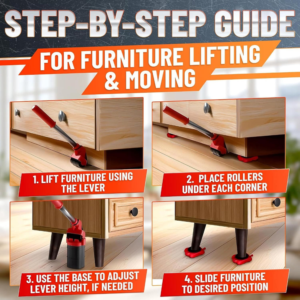 Furniture Lifter Tool with 4 Pcs Appliance Movers Sliders, 660 Lbs | Heavy Duty Furniture Moving Kit with Lifting
