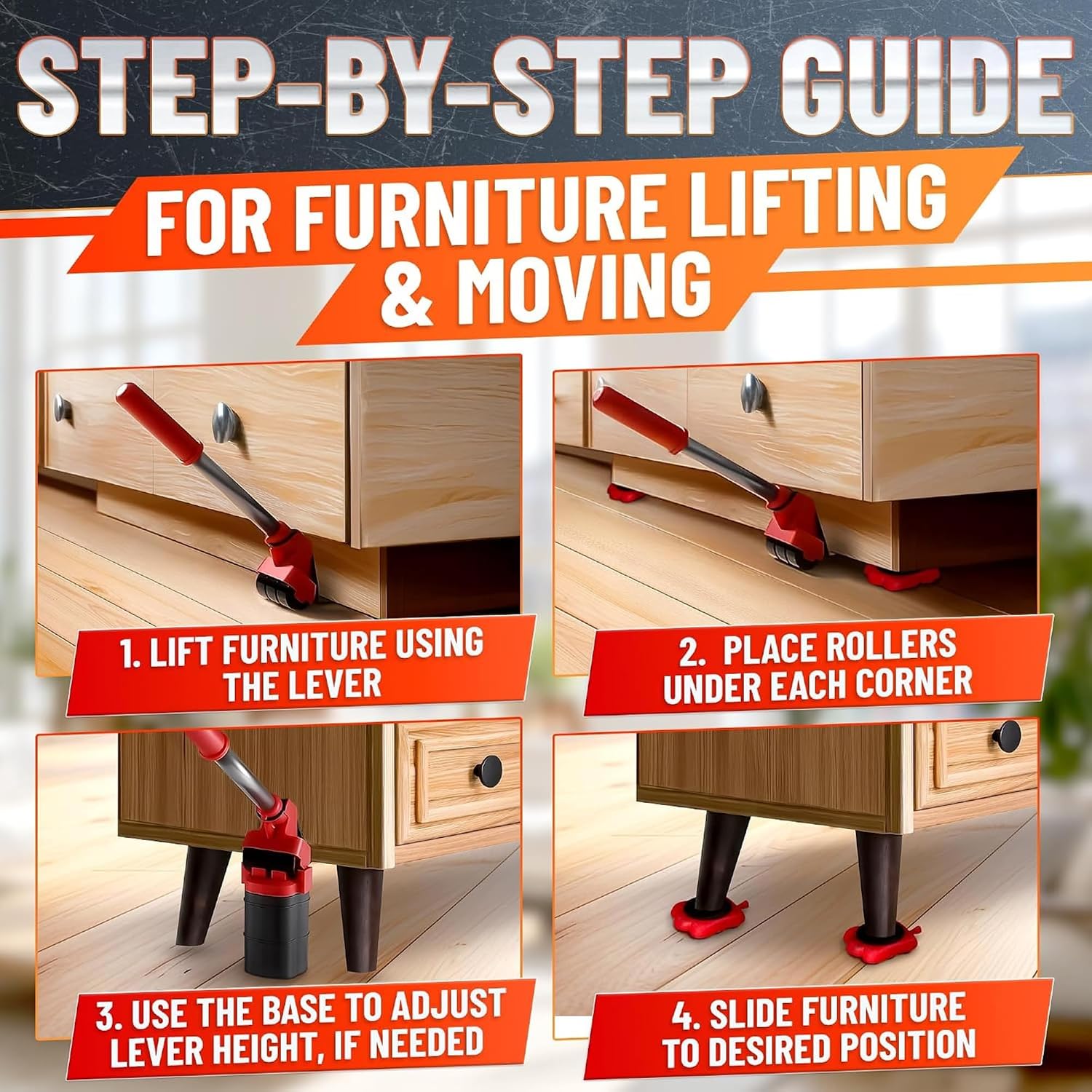Furniture Lifter Tool with 4 Pcs Appliance Movers Sliders, 660 Lbs | Heavy Duty Furniture Moving Kit with Lifting