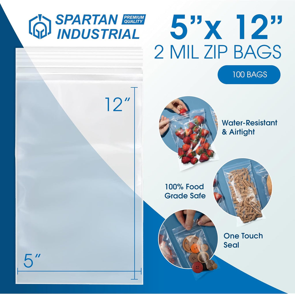 5" X 12" Long Zip Bags (100 Count) - 2 Mil Clear Reclosable