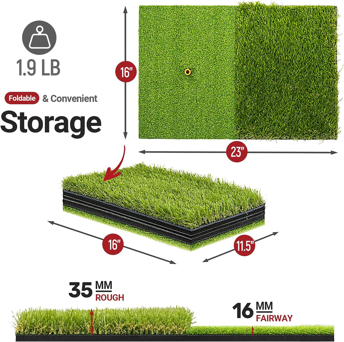 Foldable Heavy-Duty Golf Hitting Mat with 10mm EVA Backing for Indoor/Outdoor Swing & Chipping, Golf Accessories &