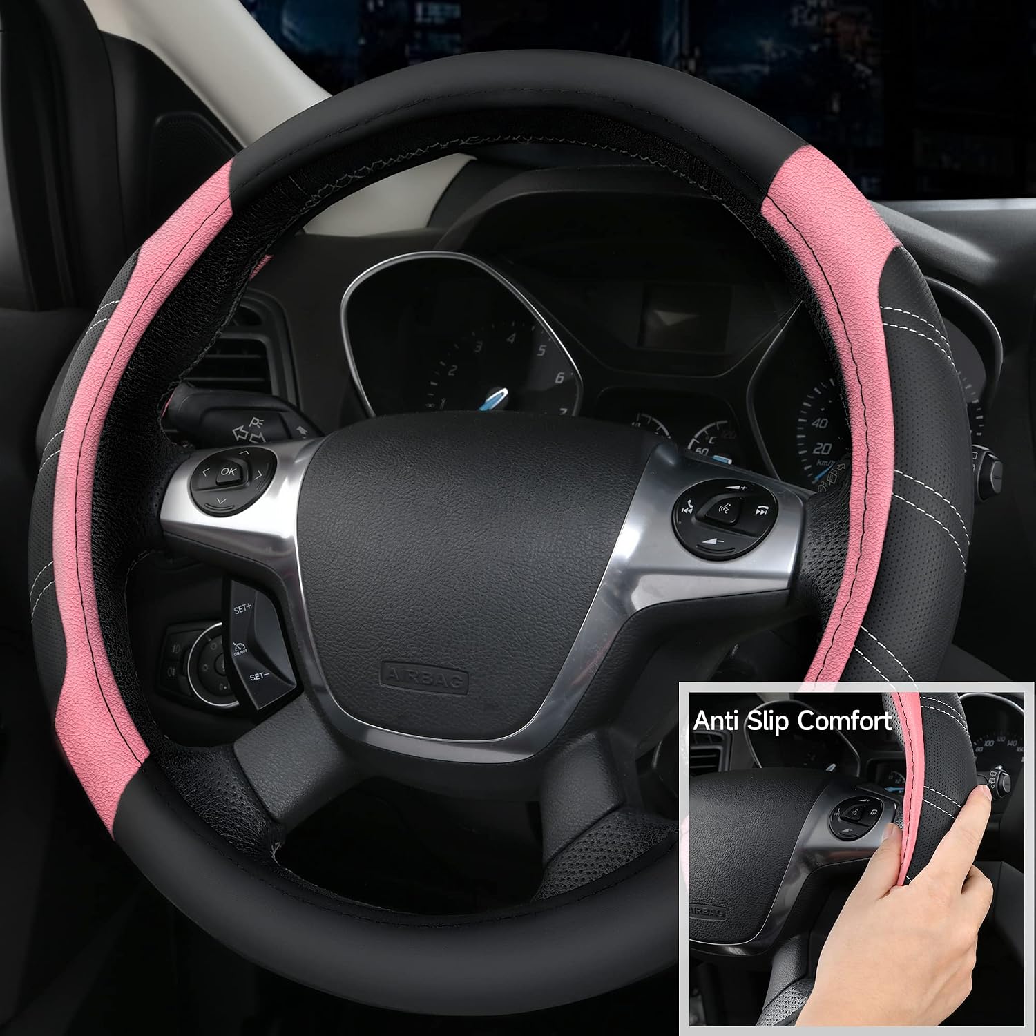 Microfiber Steering Wheel Cover and Waterproof Car Floor Mats,Leather Universal Car Combo Fit for 95%