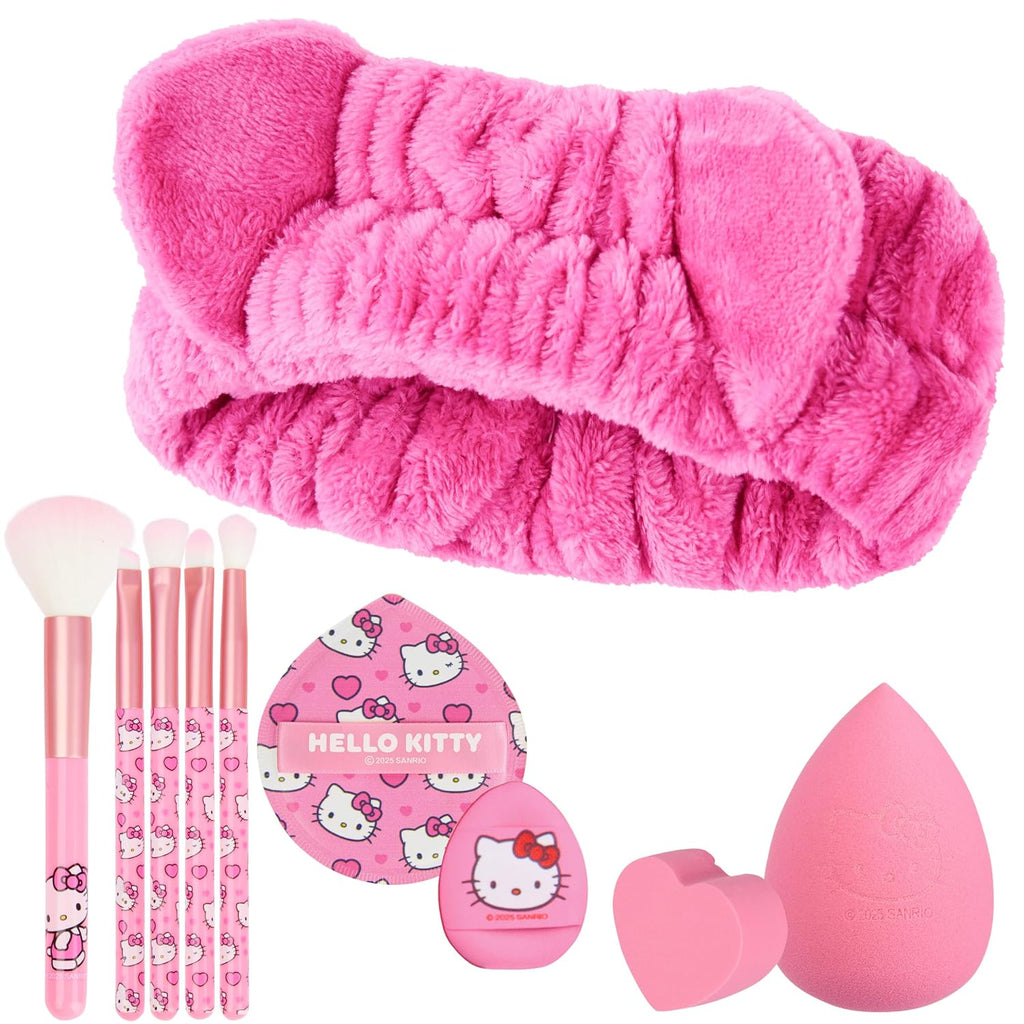 Hello Kitty Sanrio Makeup Brush Sponge Set for Girls, Teens with Headband Powder Puffs Soft Brushes Beauty Sponges