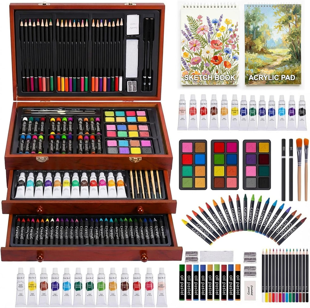 Art Supplies, 175-Pack Deluxe Art Set Drawing Painting Kit with 2 Drawing Pads, Acrylic Paints, Colored Pencils