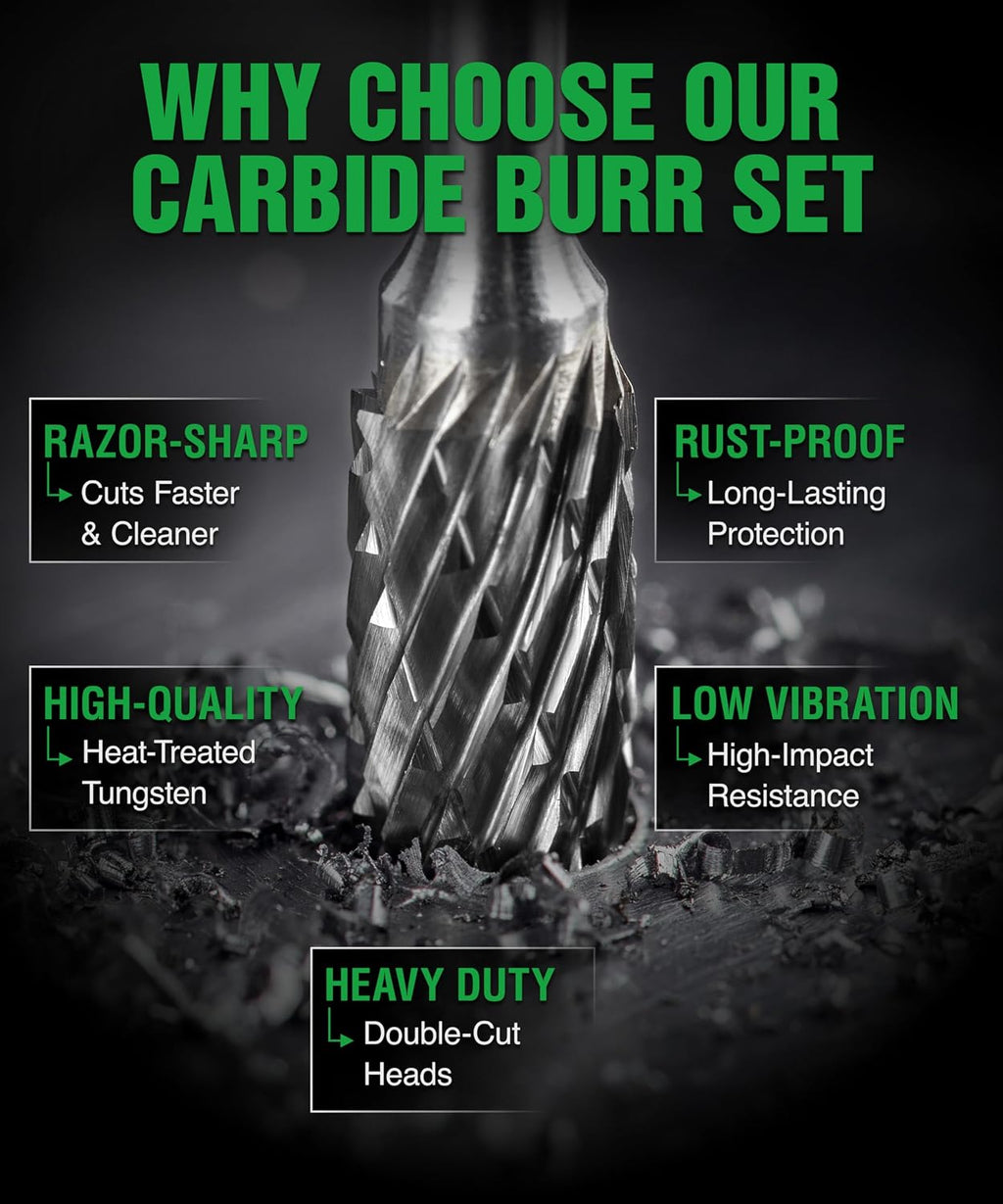 Carbide Burr Set 1/4 In Shank 8-Pc 8mm Head with Clear Storage Box