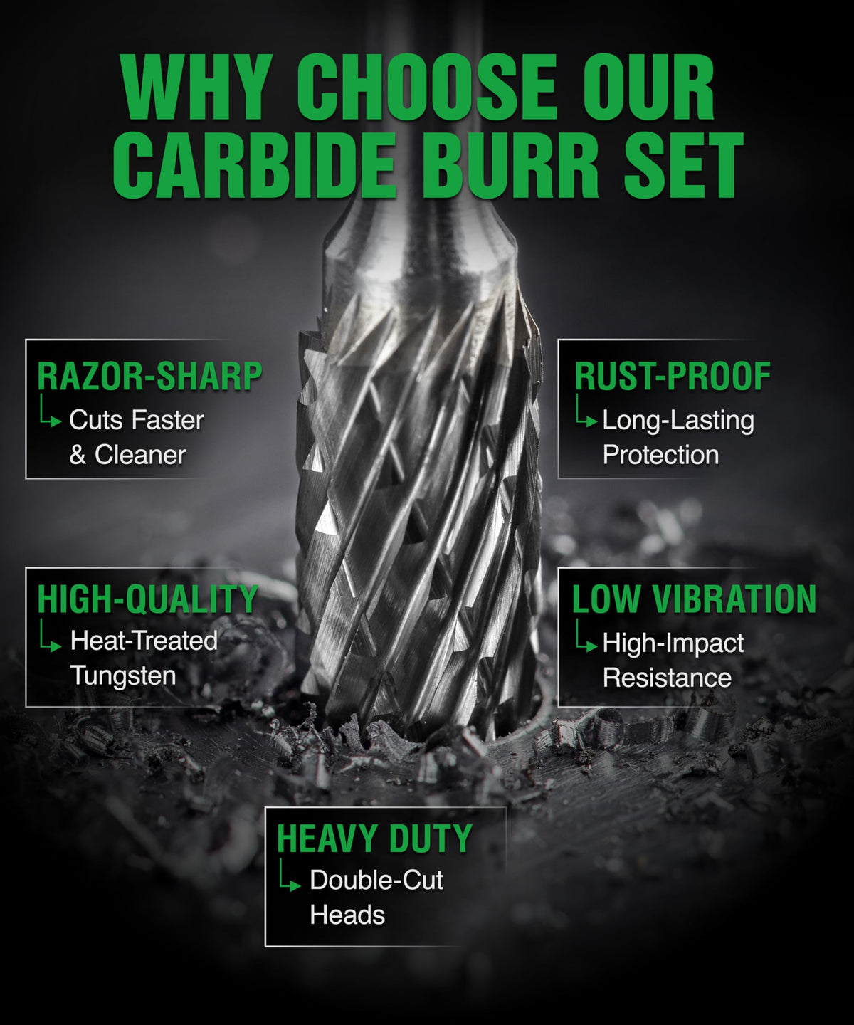 Carbide Burr Set 1/4" Shank 10-Pc 8mm Head with Clear Storage Box