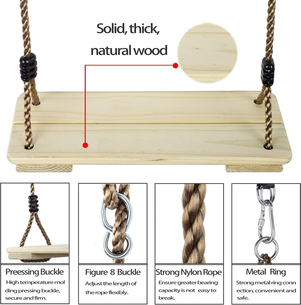 Wooden Swing Seat, Nostalgic Outdoor Wood Swing for Kids , Tree Straps Set Accessories for Backyard Patio Garden