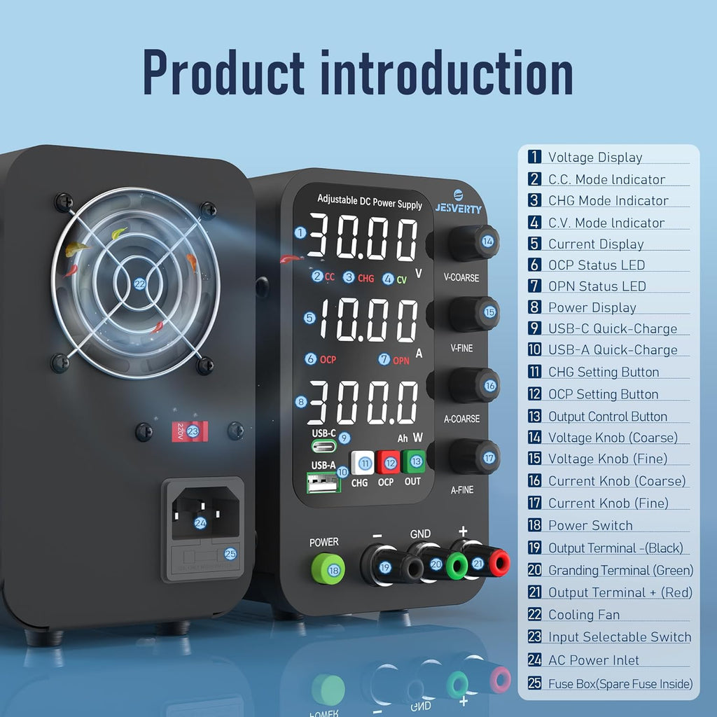 DC Power Supply Variable, 0-32V 0-10A Switching Bench Power Supply with Intelligent Charging Mode, 20W USB & Type-C Quick-Charge, Encoder Knob, Output Switch, 4-Digit LED Display - SPS-3010C