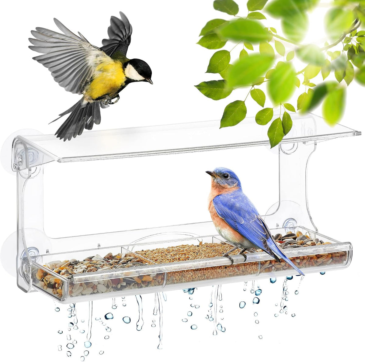 D.F. Omer Window Bird Feeder with 3 Section Tray and Roof Cover, Weatherproof Outdoor Suction Cup Hanger Acrylic