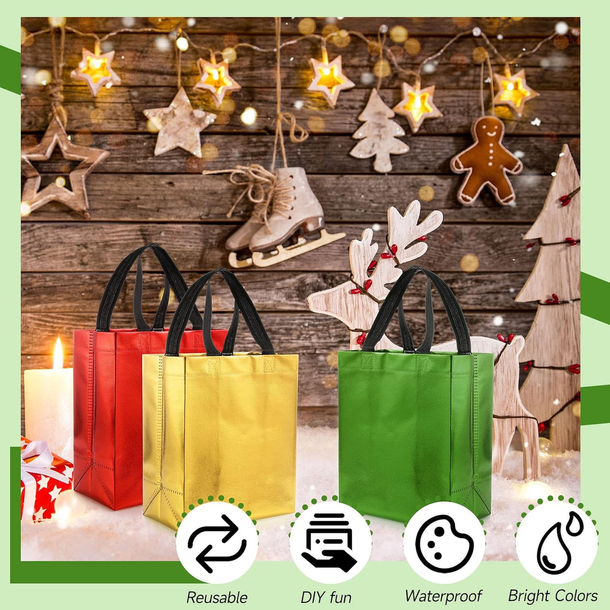 80 Pcs Reusable Gift Bags, Medium, Red, Gold, Green