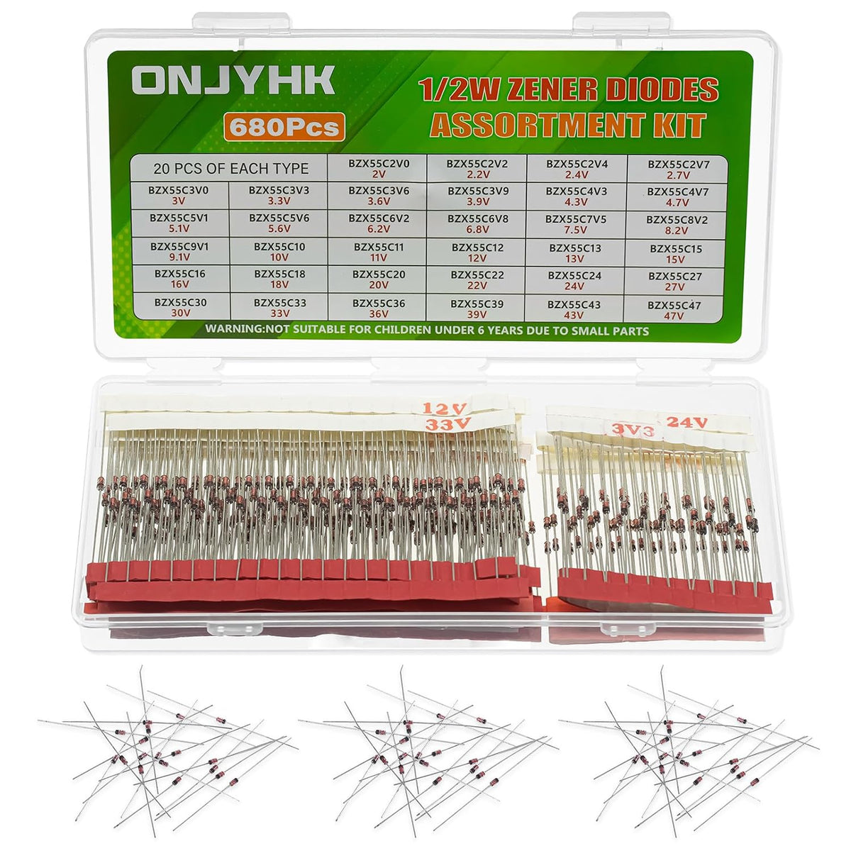 34Values 680PCS 1/2W Zener Diode Kit 2V to 47V 0.5W Diodes Assortment Set