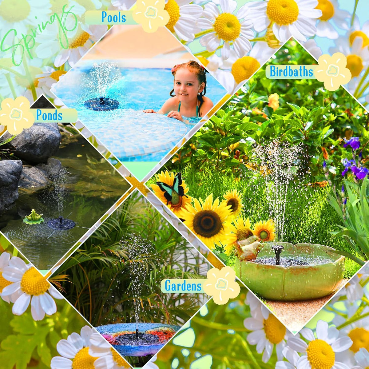 Solar Fountain, Upgraded Solar Bird Bath Fountains with 6 Nozzles