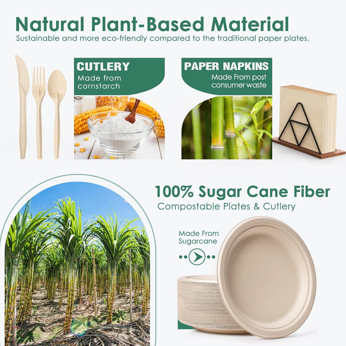 Compostable Paper Plates Set 300 PCS Disposable Plates 10 Inch