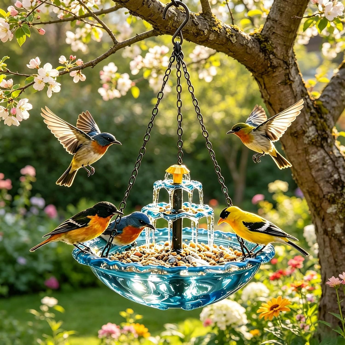 Solar Cascade Hanging Bird Bath Fountain for Outdoors, Gardens (Blue)