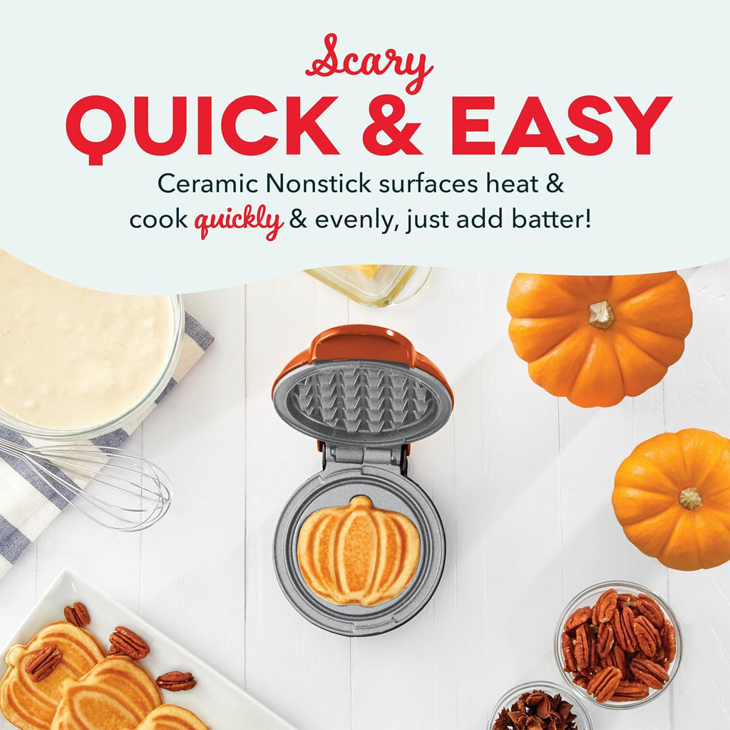 Pumpkin Mini Waffle Maker, 4-Inch Nonstick Cooking Surface, Orange