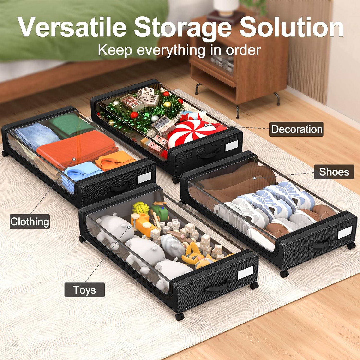 Under Bed Storage with Wheels: 48L Underbed Storage Containers with Clear Lids - Rolling Drawers & Bins for Shoes