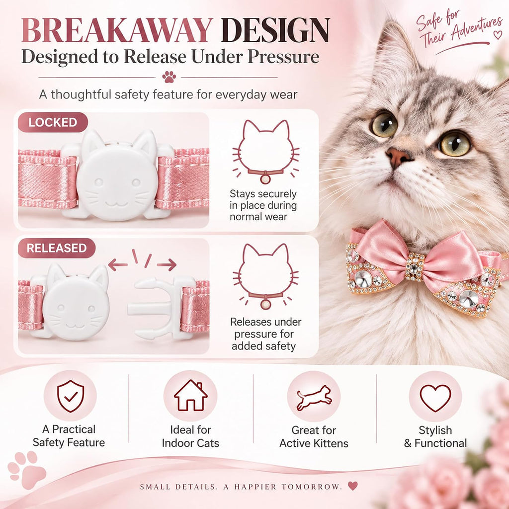 Elegant Rhinestone Cat Collar with Bow, Breakaway Adjustable Pet Collar