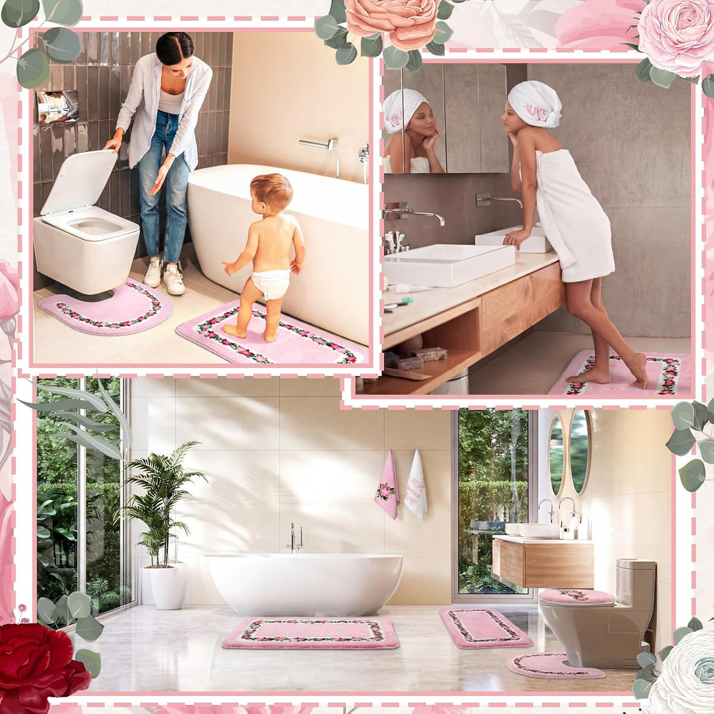 6 Pcs Pink Rose Bathroom Rugs Set with Rose Hand Towels Non Slip U-Shaped Toilet Rug Water Absorption Bath Mat for