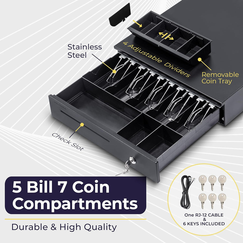 Cash Register Drawer for Point of Sale (POS) System, 5 Bill/7 Coin, 16" with Adjustable Coin Slots, 12-24V, RJ11/RJ12
