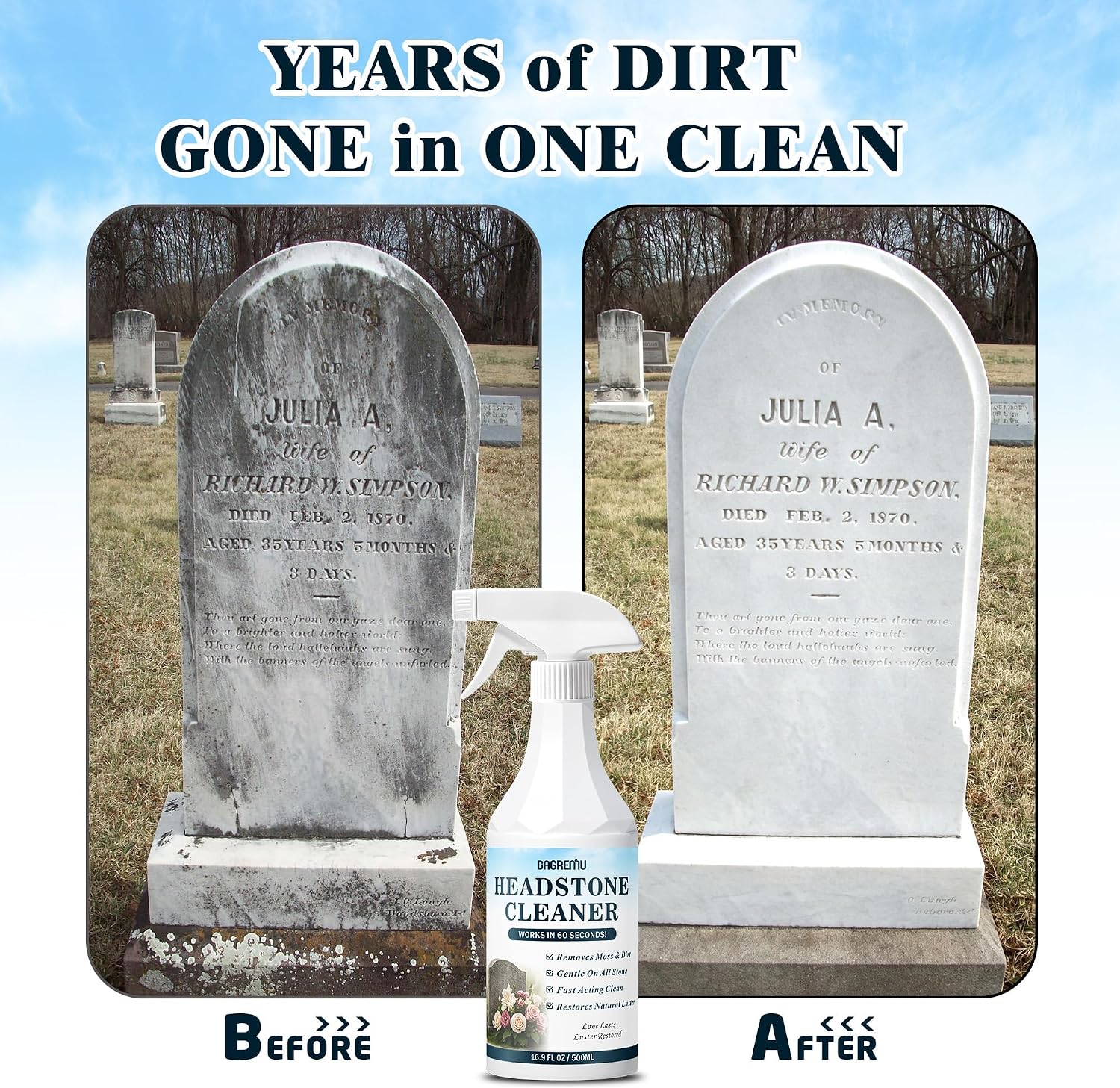 Headstone Cleaner for Graves, Effectively Removes Tough Moss & Dirt Stains