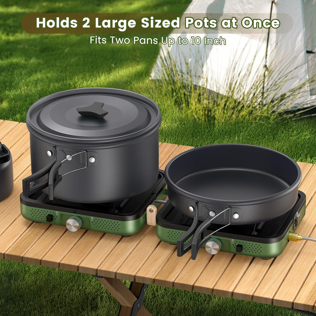 2-Burner Foldable Camping Stove with Griddle (Textured & Smooth) and Carrying Bag, Portable Propane Camp Stove with 2