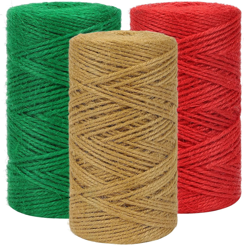 3 Rolls 984 Ft 2mm Colored Jute Twine Red Green Brown for Xmas