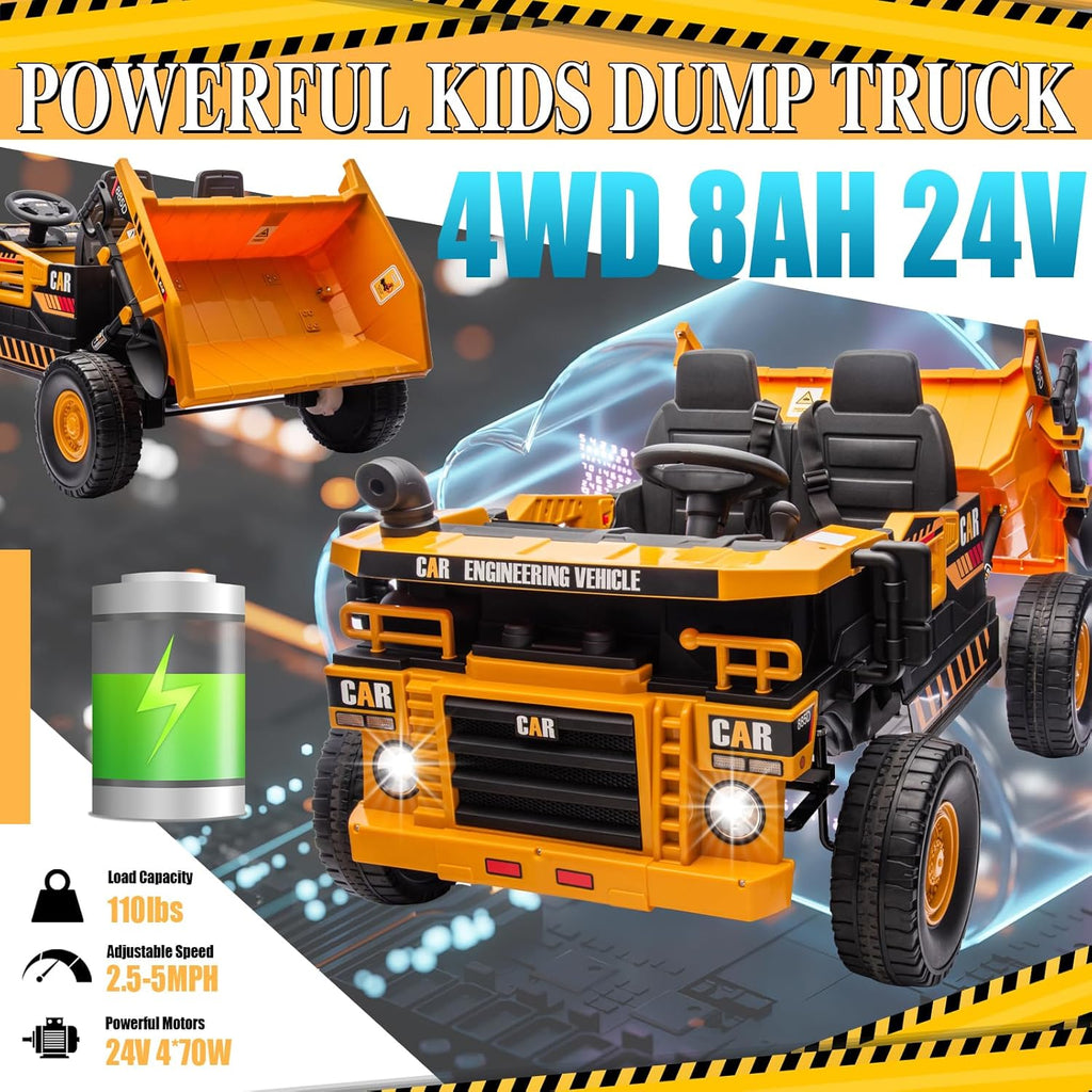 24V Ride On Toys for Big Kids Ride On Dump Truck Electric Dump Bed and Extra Shovel, Electric Toy Car for Kids Truck