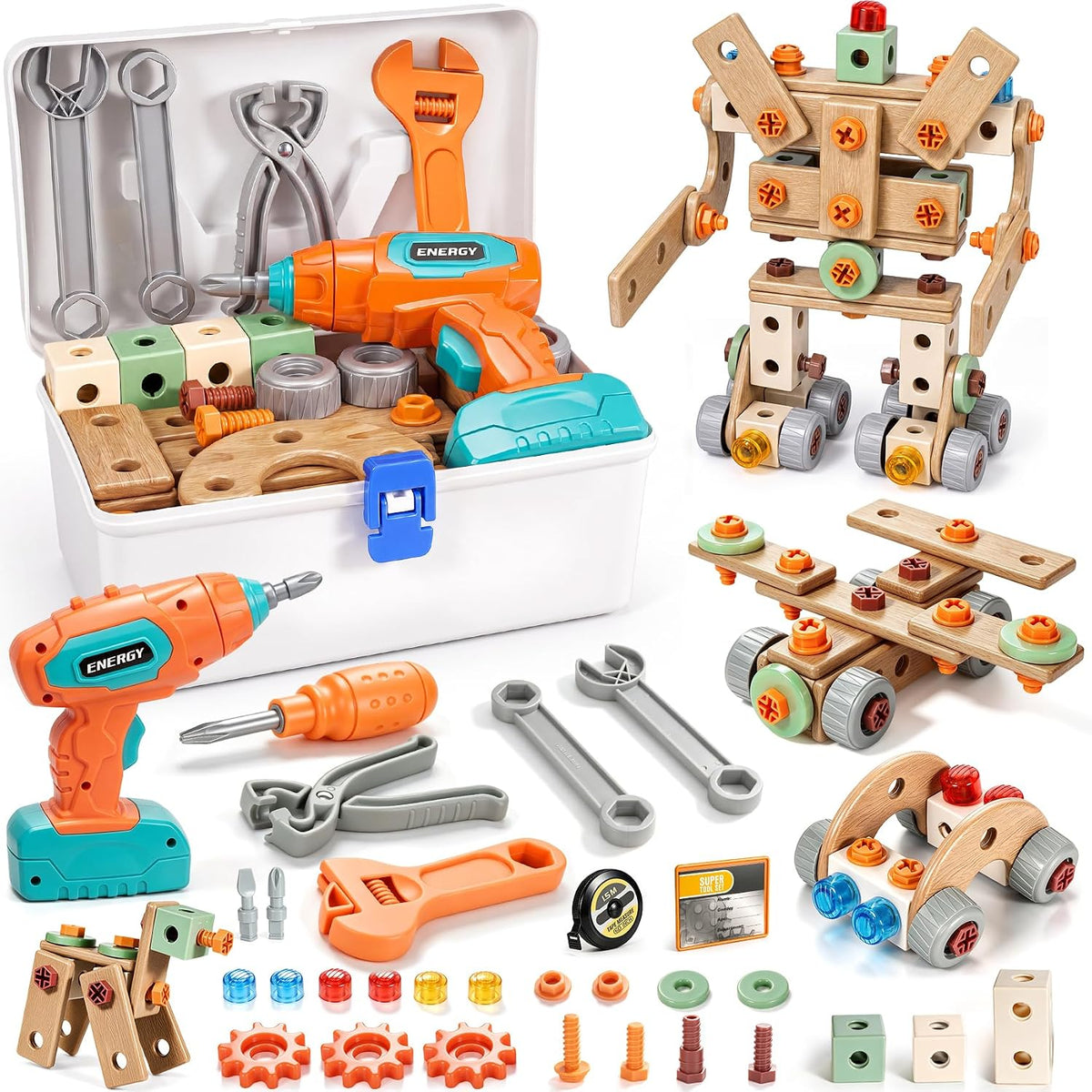 Kids Tool Set with Drill & Toolbox, 160PCS STEM Construction Building Toys