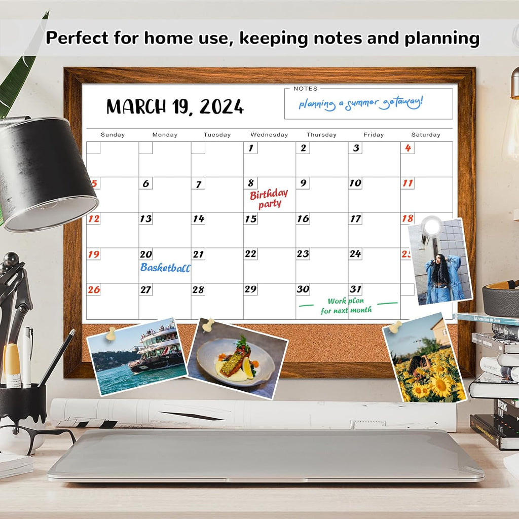 Dry Erase Monthly Calendar Board for Wall, 17"x13" Hanging Board, Magnetic White Boards, Rustic Brown Wood Frame