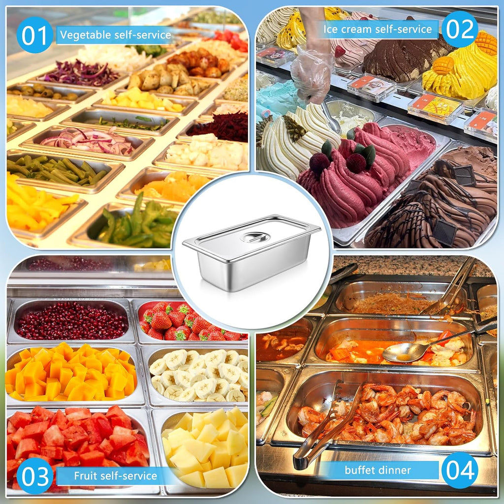 4 Packs Hotel Pans with Lids 1/3 Size x 4 Inch Deep Stainless Steel Steam Table Pan Commercial Gauge Restaurant