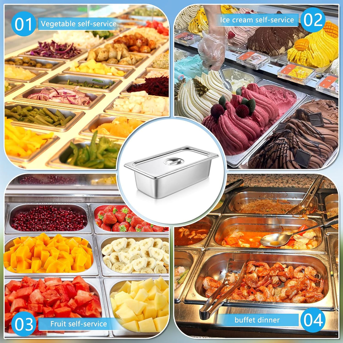 4 Packs Hotel Pans with Lids 1/3 Size x 4 Inch Deep Stainless Steel Steam Table Pan Commercial Gauge Restaurant