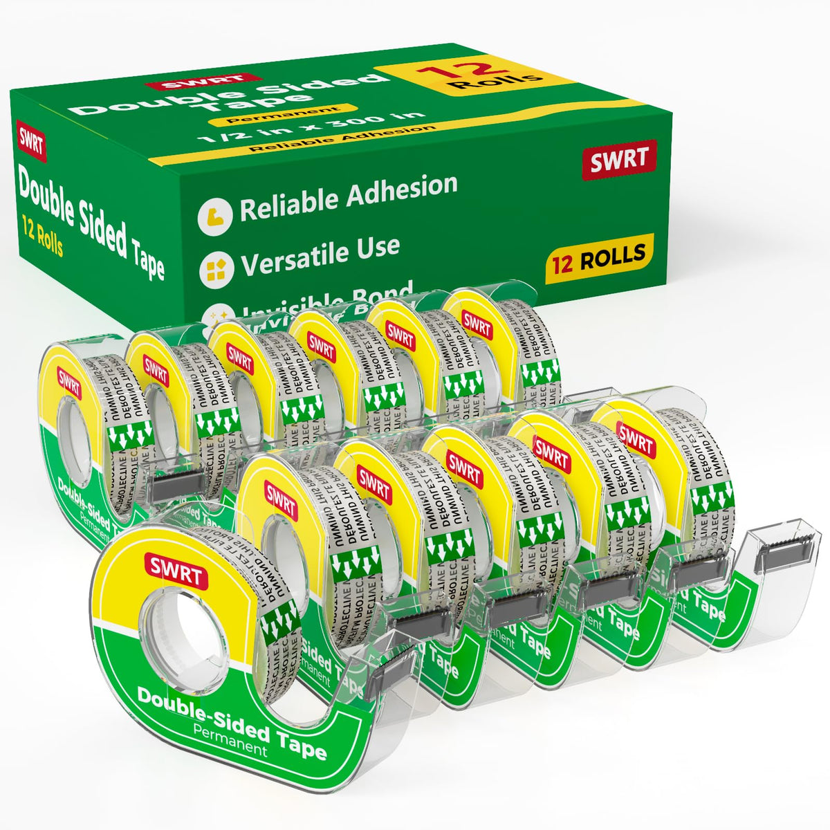 Double-Sided Tape, 1/2 in x 300 in, 12 Pack with Dispensers