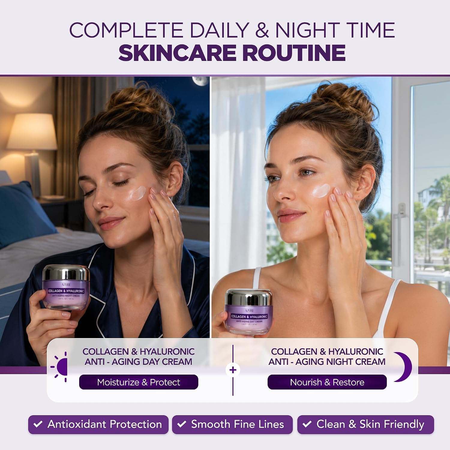 Collagen & Hyaluronic Acid Face Moisturizer, Hydrating Day &Night Cream Duo