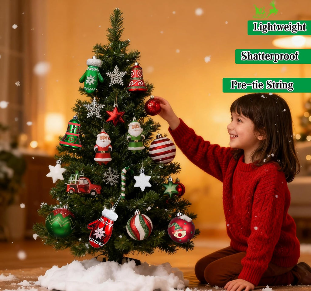 Christmas Ball Ornaments Set, 64 ct Joyful Red Green White Collection Splendor Xmas Assorted Shatterproof Ornaments
