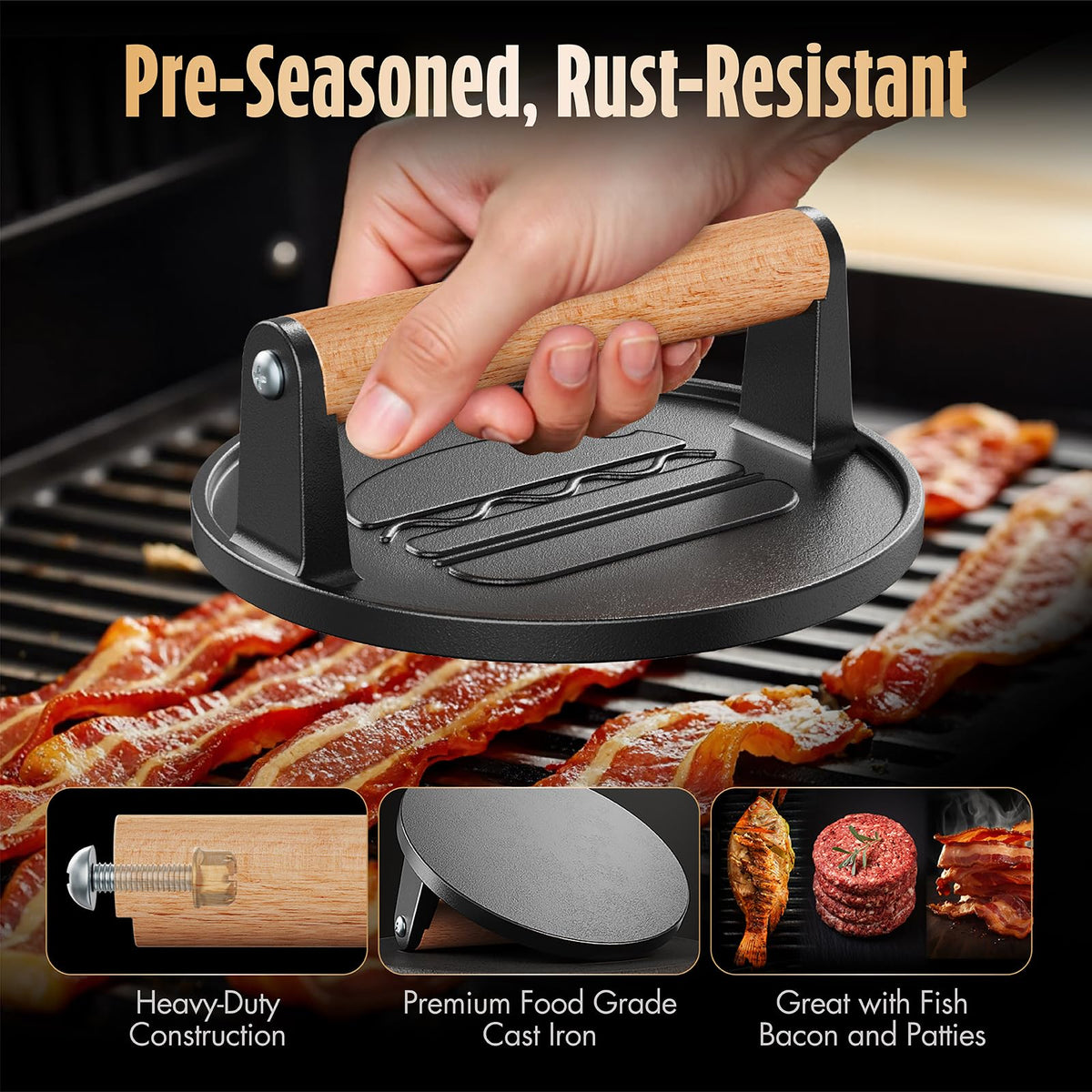 Smash Burger Press, Cast Iron Steak Weight Meat Patty Press Tool
