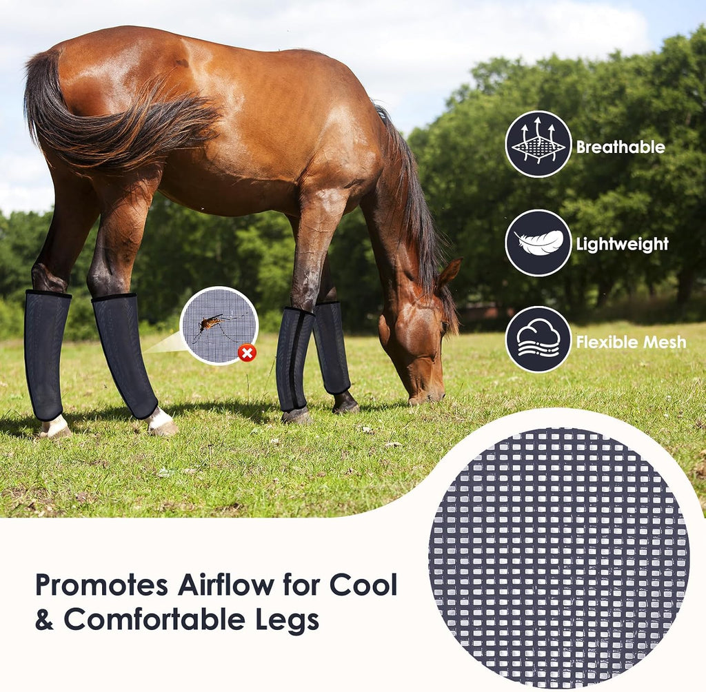 Fly Boots for Horses Set of 4 – Innovative Curved-Edge Design, Anti-Sag Stays, Breathable Mesh Leg Protection