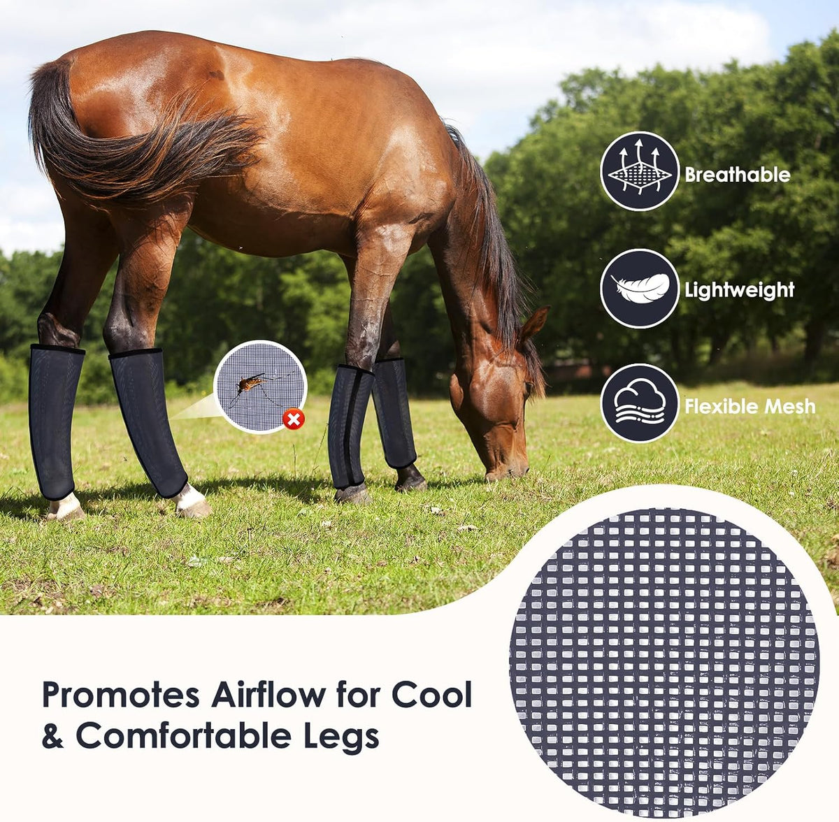 Fly Boots for Horses Set of 4 – Innovative Curved-Edge Design, Anti-Sag Stays, Breathable Mesh Leg Protection