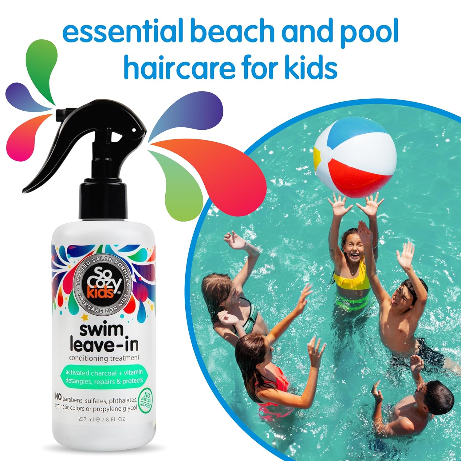 SoCozy Swim Leave In Conditioner Spray & Treatment for Kids Hair (8 Fl Oz) Protects & Repairs Pool, Sun & Salt