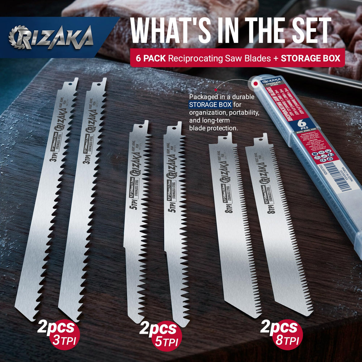 RIZAKA 6 pcs Reciprocating Saw Blades for Frozen Meat, Bone - 3/5/8TPI
