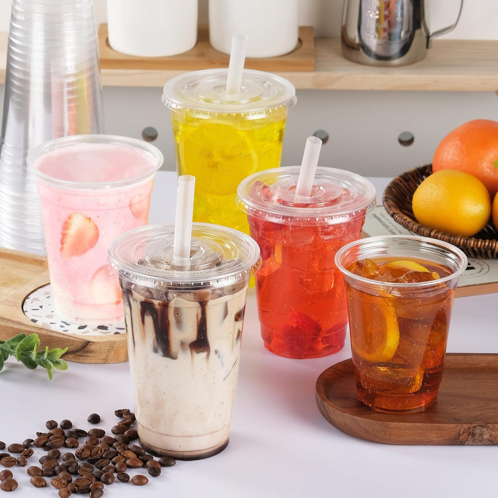 PLA 20 OZ Compostable Clear Plastic Disposable Iced Coffee Cups with Flat Lids, Biodegradable Cold Drinking To Go