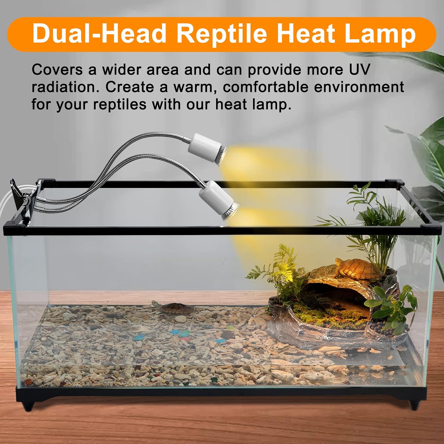 Reptile Heat Lamp, Dual Head Reptile Light with Cycle Timer, Dimmable UVA/UVB Basking Light for Turtle Tortoise