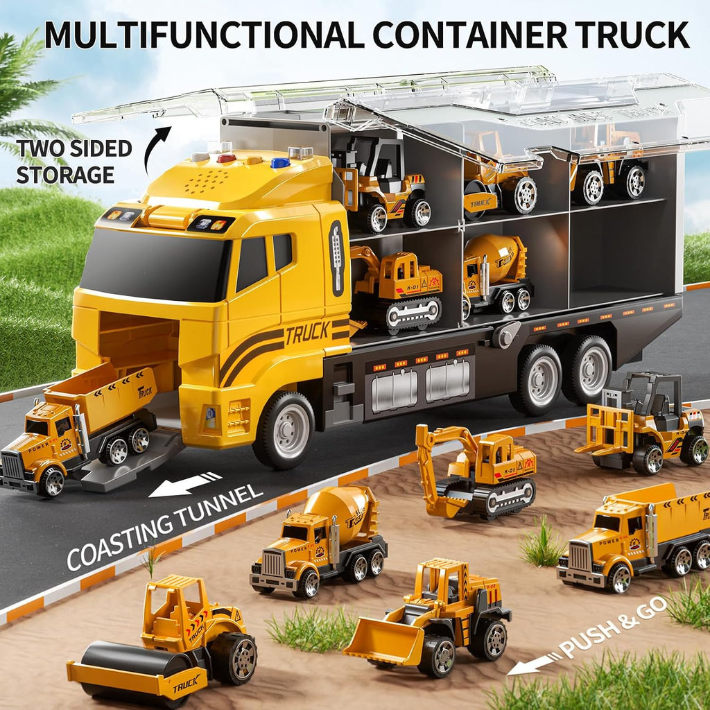 Toddler Boys Construction Truck Vehicle Toy Set with Play Mat and Die-Cast Toy Car, Transport Carrier Truck for Kids