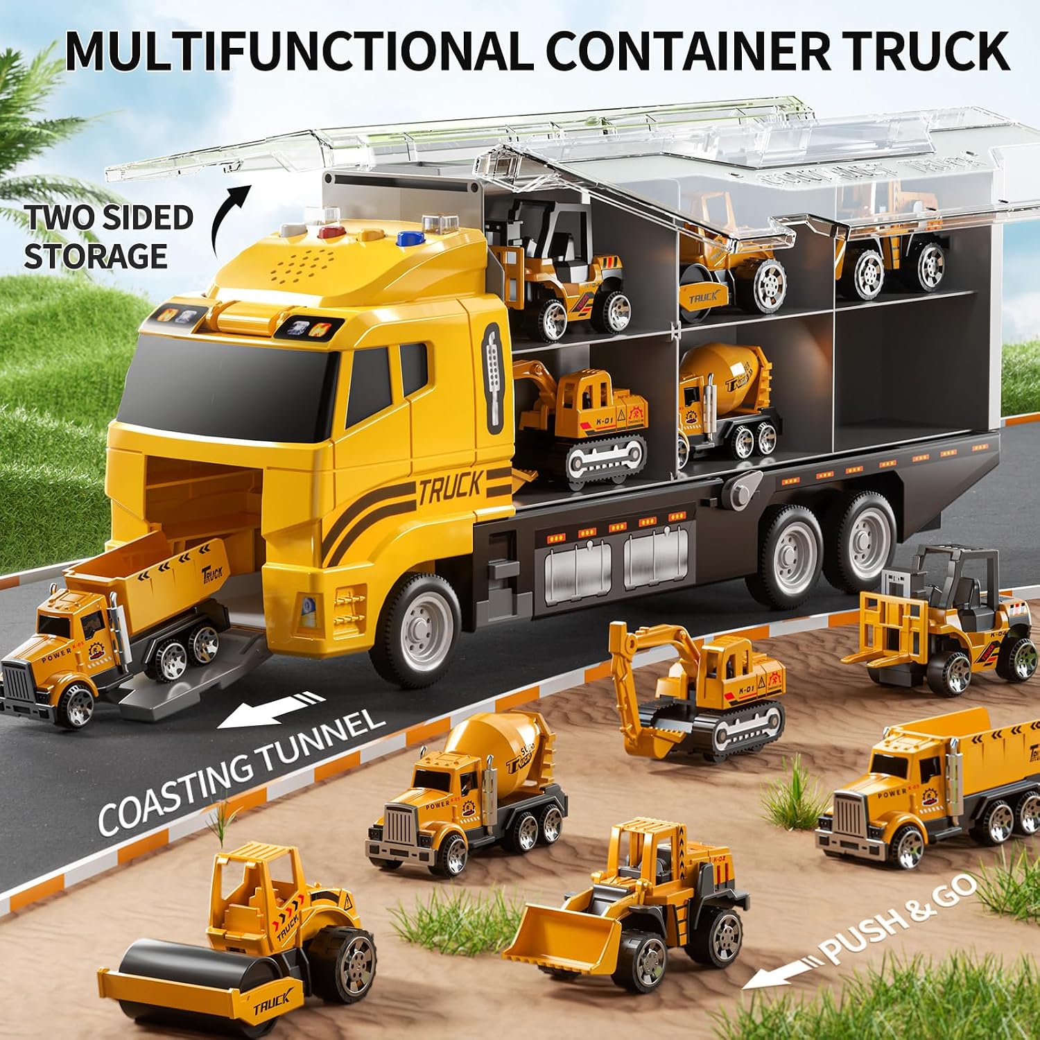 Toddler Boys Construction Truck Vehicle Toy Set with Play Mat and Die-Cast Toy Car, Transport Carrier Truck for Kids