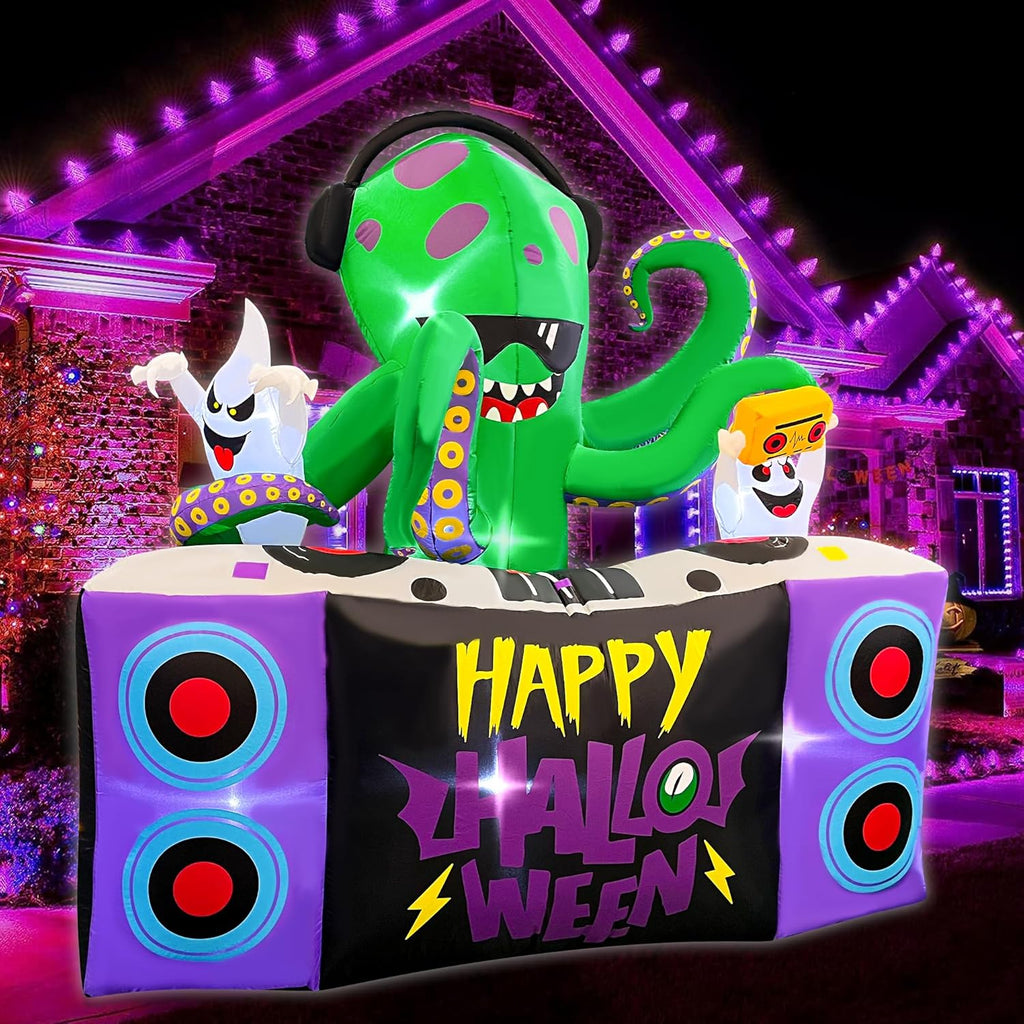 Halloween Inflatables,6FT DJ Octopus Playing Music on Turntables with Ghost Decoration Built-in LEDs Blow Up Yard